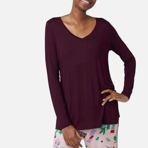 Hue Women's Long-Sleeve V-Neck High-Low Pajama Top - Burgundy Size M  NWT